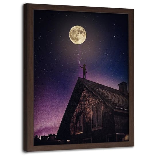 Plakat w ramie brązowej FEEBY Księżyc jako balonik, 50x70 cm Feeby