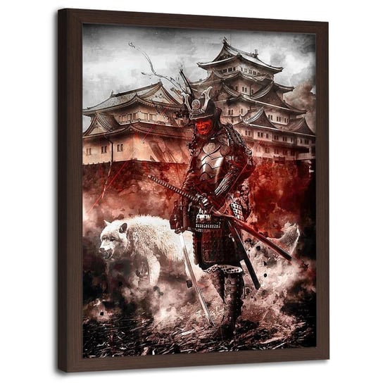 Plakat w ramie brązowej FEEBY Samuraj i biały wilk, 50x70 cm Feeby