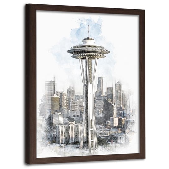 Plakat w ramie brązowej FEEBY Wieża Space Needle w Seattle, 40x60 cm Feeby