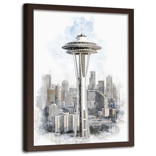 Plakat w ramie brązowej FEEBY Wieża Space Needle w Seattle, 70x100 cm Feeby