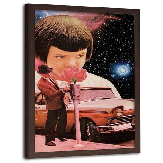 Plakat w ramie brązowej, Kolaż mężczyzna i samochód - 50x70 Feeby