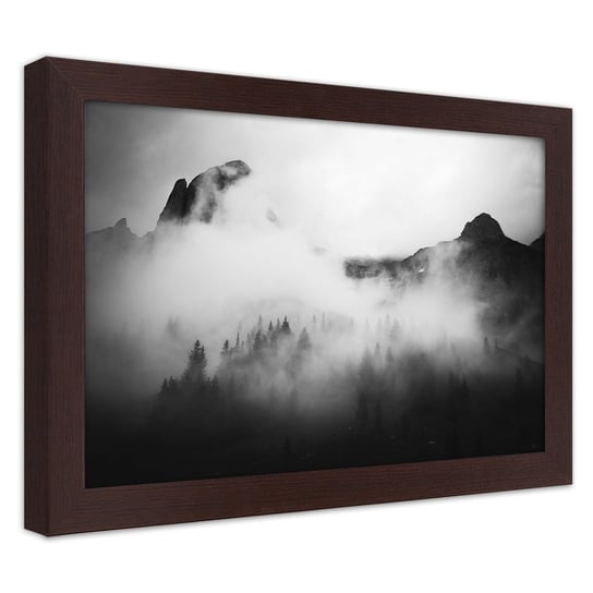 Plakat w ramie brązowej, Las i szczyty górskie we mgle 45x30 Feeby
