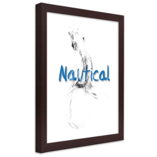 Plakat w ramie brązowej, Napis Nautical i ryba 30x45 Feeby