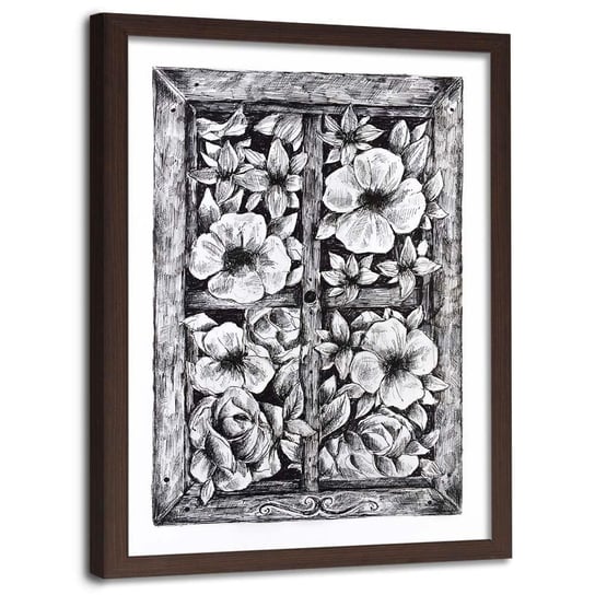 Plakat w ramie brązowej, Szkic kwiaty za oknem - 70x100 Feeby