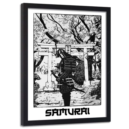 Plakat w ramie czarnej FEEBY Czarno-biały samuraj, 40x60 cm Feeby