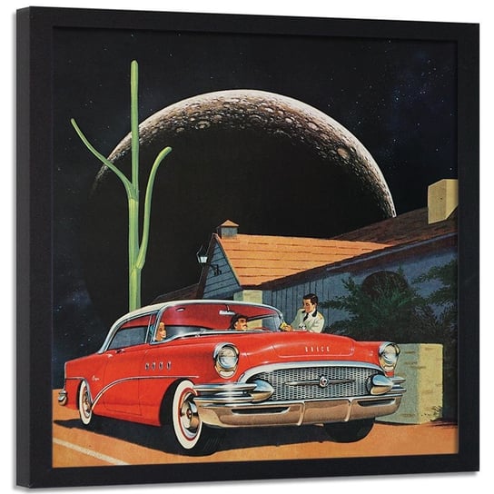 Plakat w ramie czarnej FEEBY Czerwony samochód i księżyc, 80x80 cm Feeby