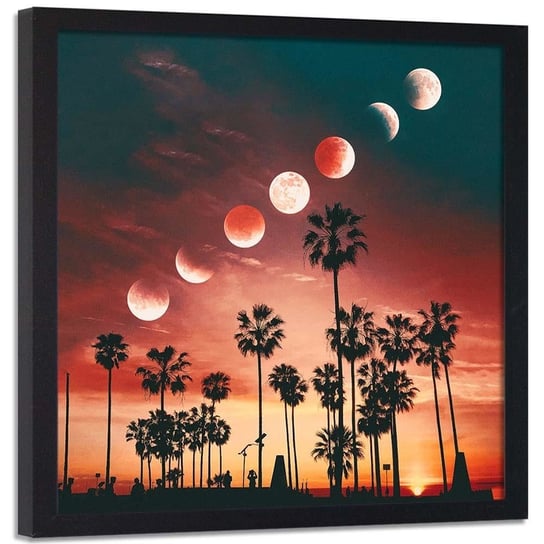 Plakat w ramie czarnej FEEBY Fazy księżyca nad palmami, 40x40 cm Feeby