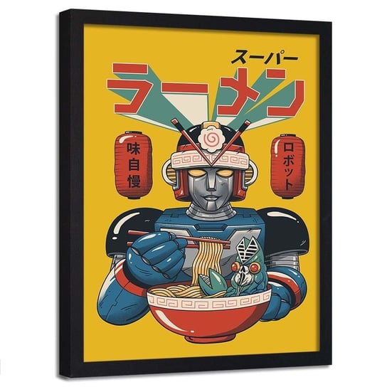 Plakat w ramie czarnej FEEBY Jedzący robot anime, 70x100 cm Feeby