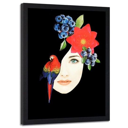 Plakat w ramie czarnej FEEBY Kolaż kobieta z arą, 50x70 cm Feeby