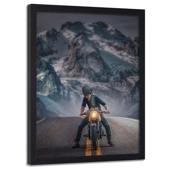 Plakat w ramie czarnej FEEBY, Motocyklista na trasie, 50x70 cm Feeby