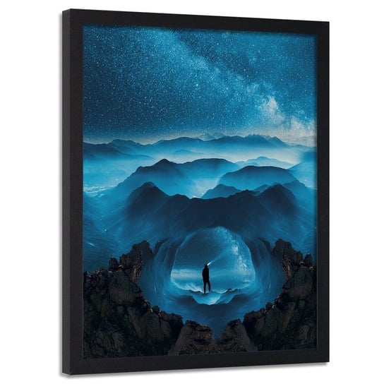 Plakat w ramie czarnej FEEBY Niebieskie skały i człowiek, 50x70 cm Feeby