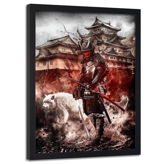 Plakat w ramie czarnej FEEBY Samuraj i biały wilk, 70x100 cm Feeby