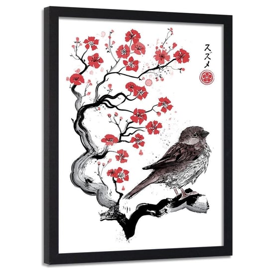 Plakat w ramie czarnej FEEBY Wróbel na japońskiej wiśni, 50x70 cm Feeby