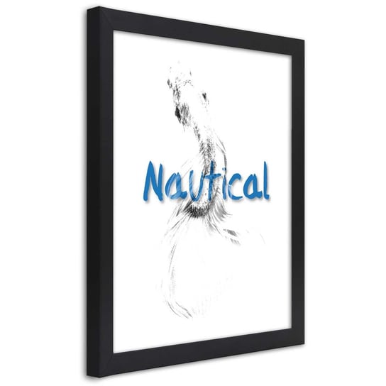 Plakat w ramie czarnej, Napis Nautical i ryba 30x45 Feeby