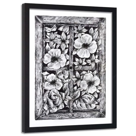 Plakat w ramie czarnej, Szkic kwiaty za oknem - 70x100 Feeby
