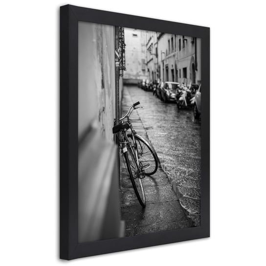 Plakat w ramie czarnej, Ulica i rower w deszczu 30x45 Feeby