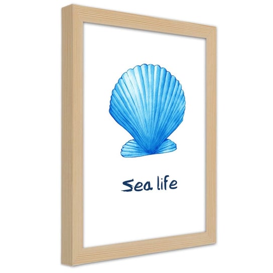 Plakat w ramie naturalnej, Błękitna muszla z napisem Morskie życie 30x45 Feeby