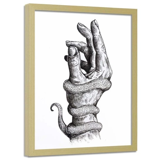 Plakat w ramie naturalnej, Dłoń z wężem - 50x70 Feeby
