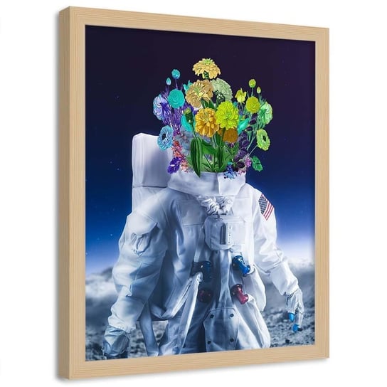 Plakat w ramie naturalnej FEEBY Amerykański astronauta i kwiaty, 70x100 cm Feeby