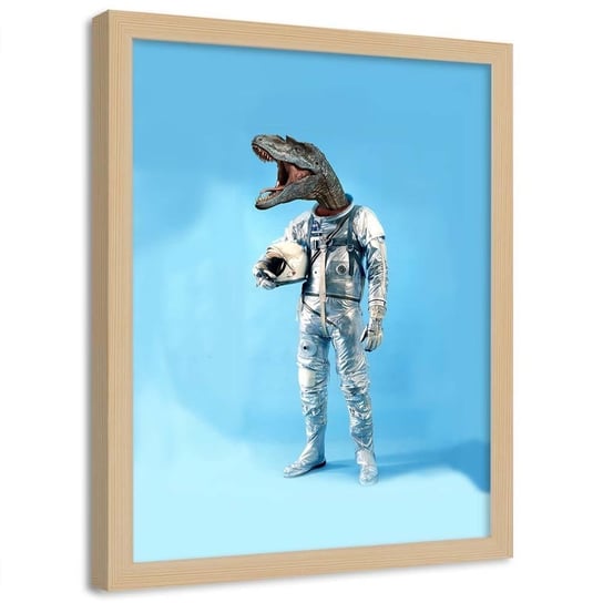 Plakat w ramie naturalnej FEEBY Astronauta z głową dinozaura, 70x100 cm Feeby