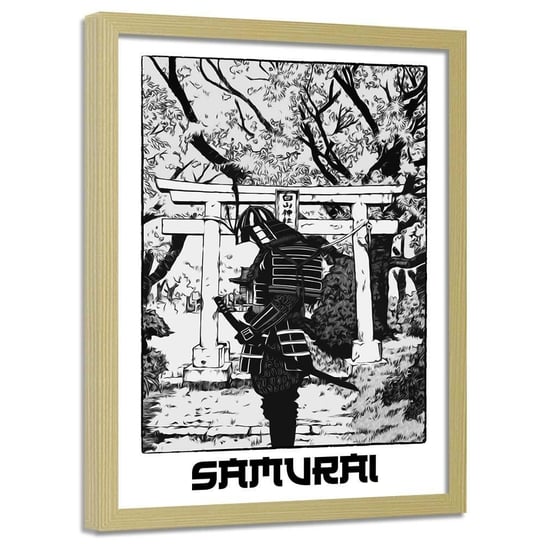 Plakat w ramie naturalnej FEEBY Czarno, biały samuraj, 40x60 cm Feeby