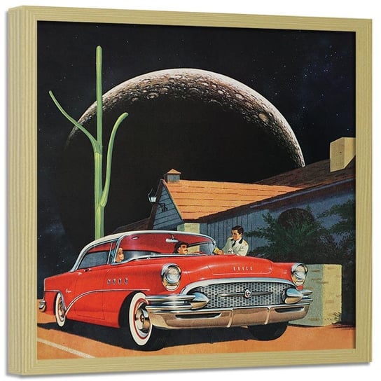 Plakat w ramie naturalnej FEEBY Czerwony samochód i księżyc, 40x40 cm Feeby