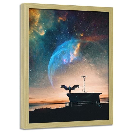 Plakat w ramie naturalnej FEEBY Człowiek ze skrzydłami i niebo, 70x100 cm Feeby