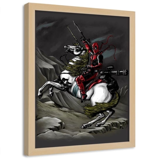 Plakat w ramie naturalnej FEEBY Deadpool na koniu, 50x70 cm Feeby