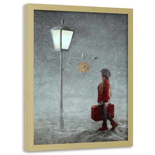 Plakat w ramie naturalnej FEEBY, Dziewczyna w śnieżną noc, 50x70 cm Feeby