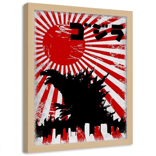 Plakat w ramie naturalnej FEEBY Japoński potwór Godzilla, 70x100 cm Feeby