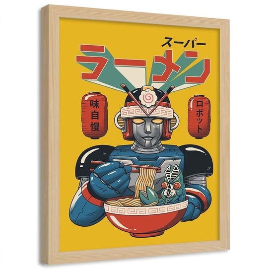 Plakat w ramie naturalnej FEEBY Jedzący robot anime, 70x100 cm Feeby