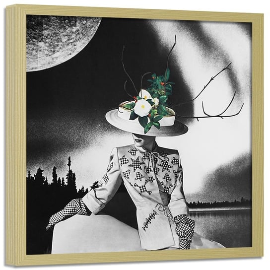 Plakat w ramie naturalnej FEEBY Kobieta w kapeluszu z kwiatów, 40x40 cm Feeby