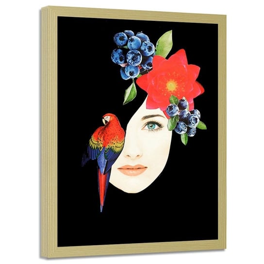 Plakat w ramie naturalnej FEEBY Kolaż kobieta z arą, 40x60 cm Feeby