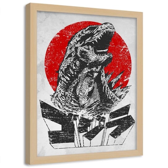 Plakat w ramie naturalnej FEEBY Przerażająca Godzilla, 70x100 cm Feeby