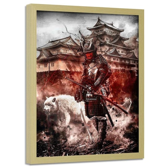 Plakat w ramie naturalnej FEEBY Samuraj i biały wilk, 70x100 cm Feeby