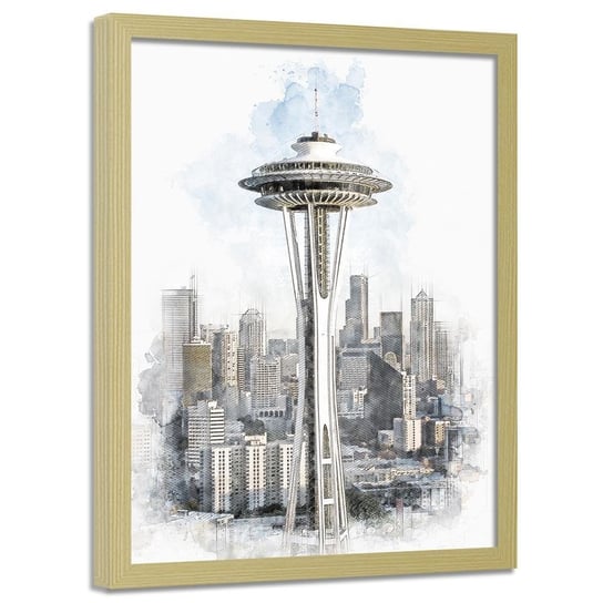 Plakat w ramie naturalnej FEEBY Wieża Space Needle w Seattle, 40x60 cm Feeby