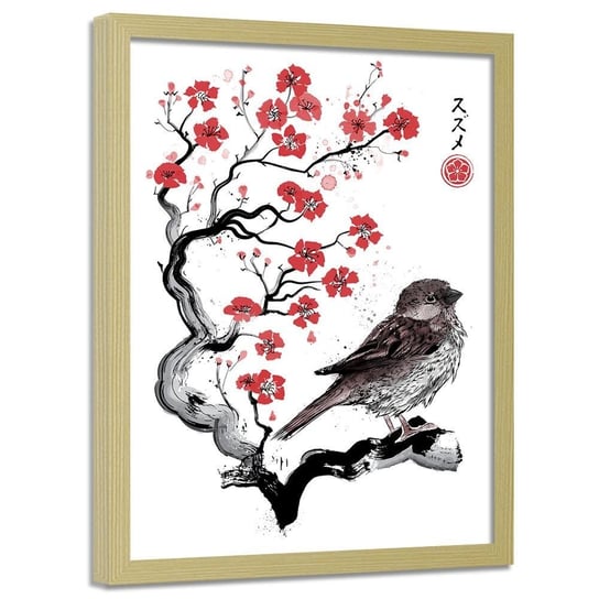 Plakat w ramie naturalnej FEEBY Wróbel na japońskiej wiśni, 70x100 cm Feeby