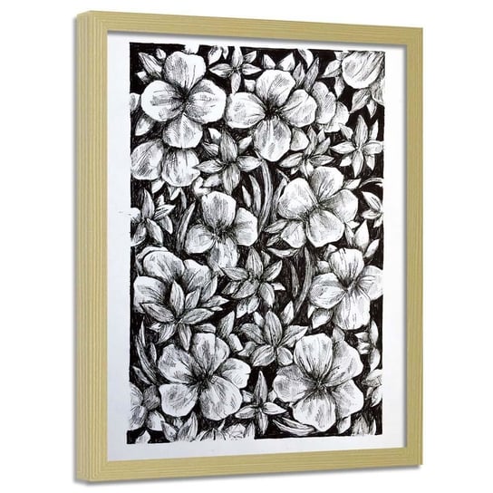 Plakat w ramie naturalnej, Kwiaty szkic - 70x100 Feeby