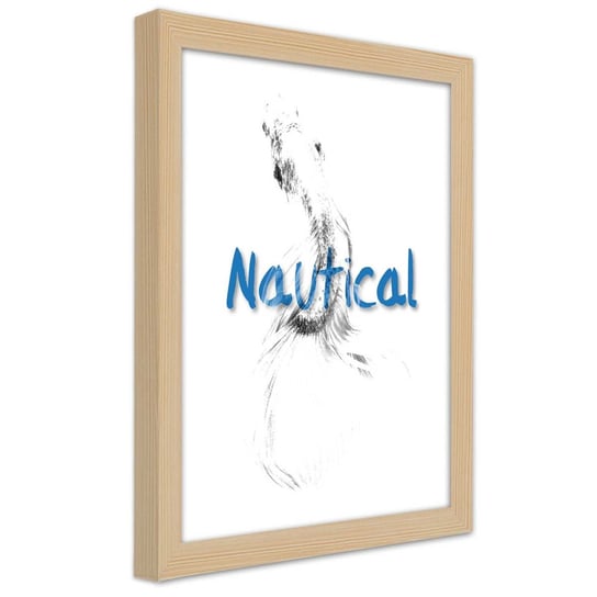 Plakat w ramie naturalnej, Napis Nautical i ryba 30x45 Feeby
