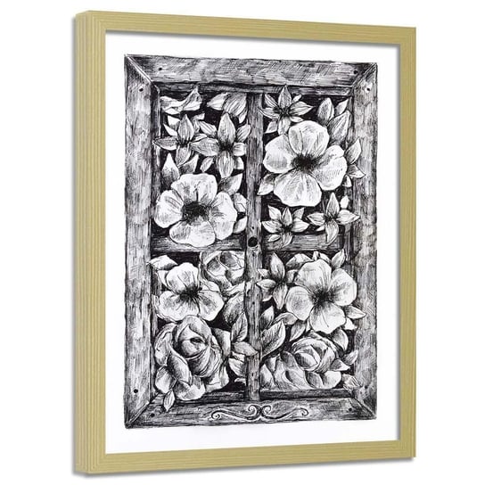 Plakat w ramie naturalnej, Szkic kwiaty za oknem - 40x60 Feeby