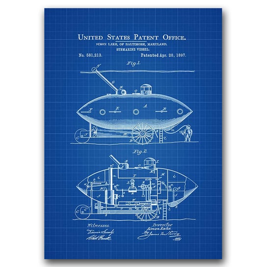 Plakat w stylu retro Patent na łódź podwodną A3 Vintageposteria