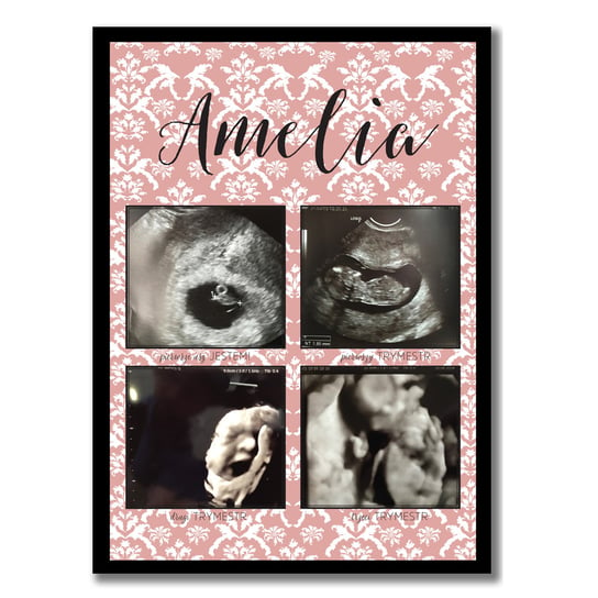Plakat z pamiątkowymi zdjęciami usg ciąży, w tle kwiatowa tapeta, różowy, Sowia Aleja Inna marka