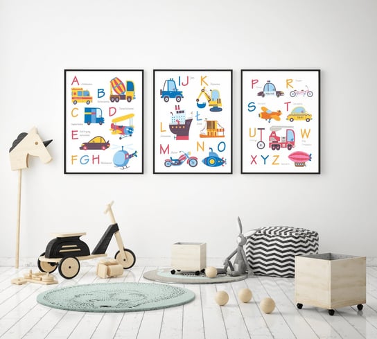 Plakaty Edukacyjne, Polski Alfabet, Autka, Pojazdy Blue format A4 Wallie Studio Dekoracji