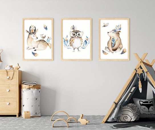 Plakaty ścienne Leśne zwierzęta, Miś, Sowa, Jelonek format A3 Wallie Studio Dekoracji