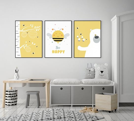 Plakaty skandynawskie Bee Happy, Miś i pszczółki fromat A3 Wallie Studio Dekoracji