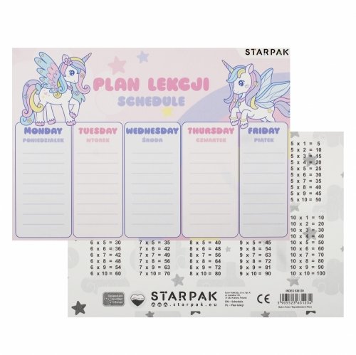 Plan lekcji z tabliczką mnożenia A5 Unicorn STARPAK 536139 Starpak