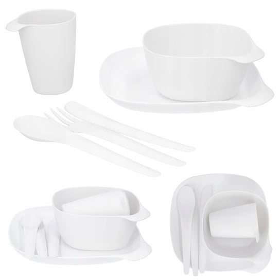 Plastikowe naczynia sztućce PIKNIKOWE turystyczne kubek miska białe BIO 6el Nice Stuff