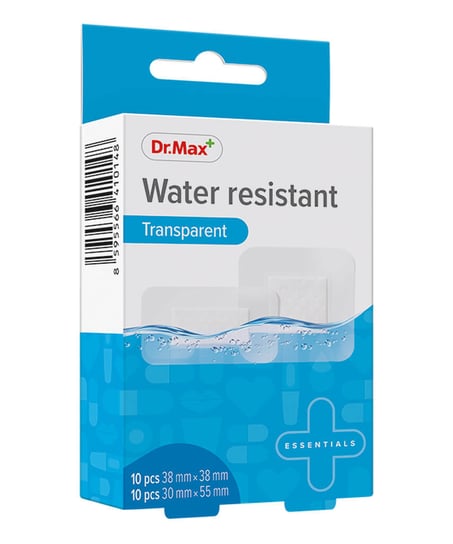 Plastry Water Resistant Transparent Dr.Max, plastry wodoodporne 30 mm x 38 mm, 10 sztuk + 30 mm x 55 mm, 10 sztuk Dr. Max Pharma