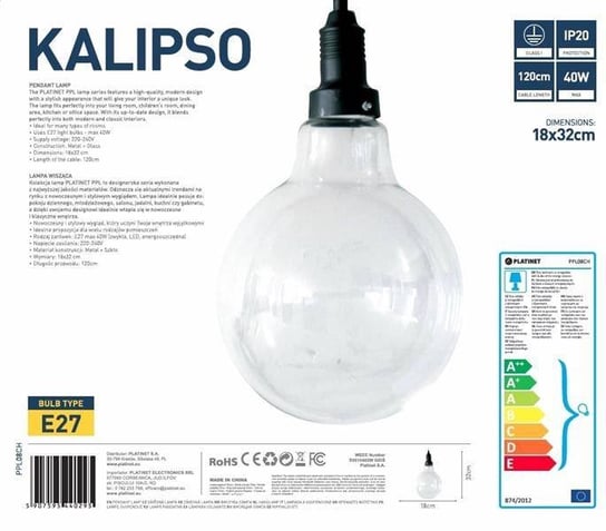 Platinet Pendant Lamp Kalipso P150438-D E27 Chrome+Clear Glass 18X32 [44029] PLATINET