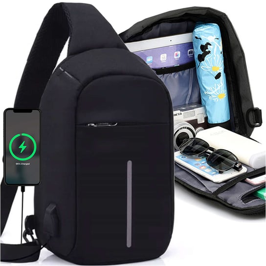 Plecak na jedno ramie męski damski szkolny młodzieżowy miejski mały Czarny Alogy z USB antykradzieżowy Alogy